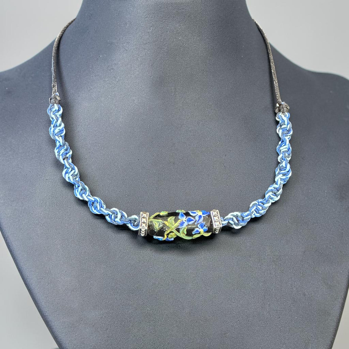 Cornflower | Lampwork Glass Flower Necklace on Blue Spiral Cord