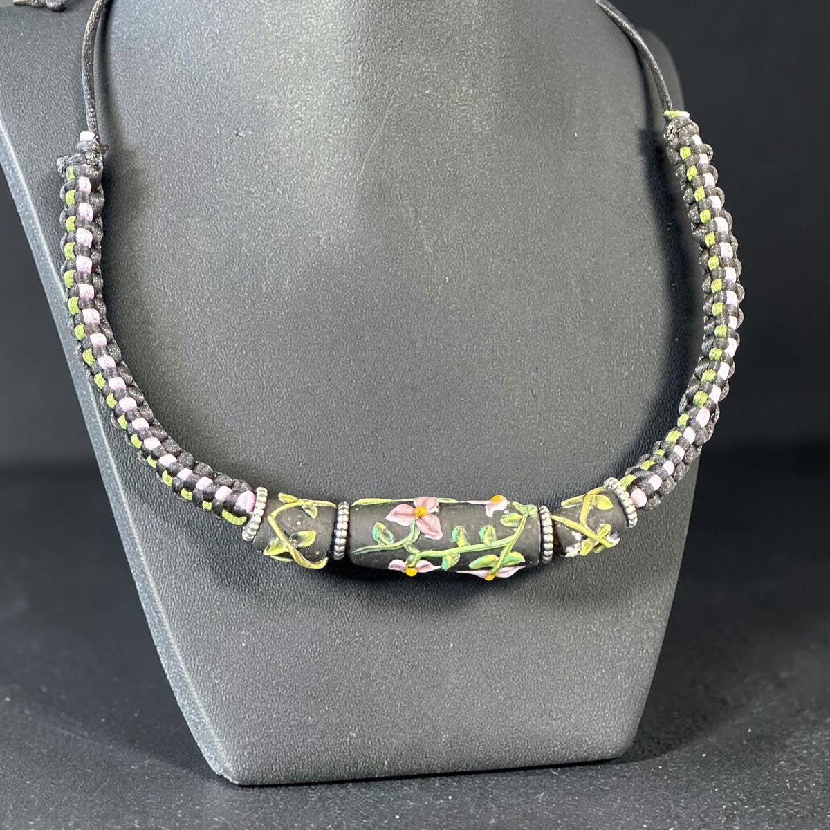 Hoarfrost | Three-Bead Lampwork Glass Flower Necklace on Lavender Braided Cord