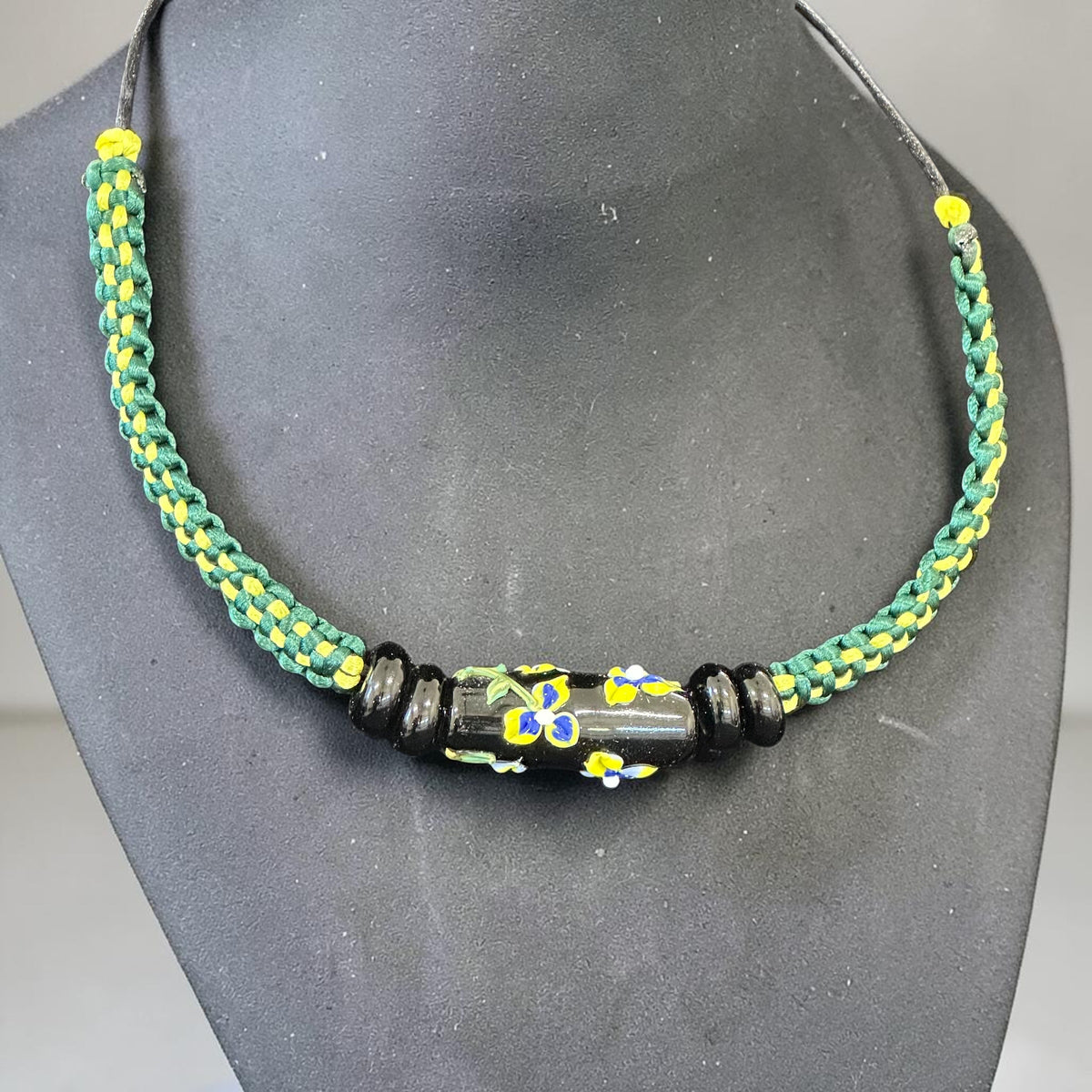 Midnight Garden | Three-Bead Lampwork Glass Necklace on Black Braided Cord