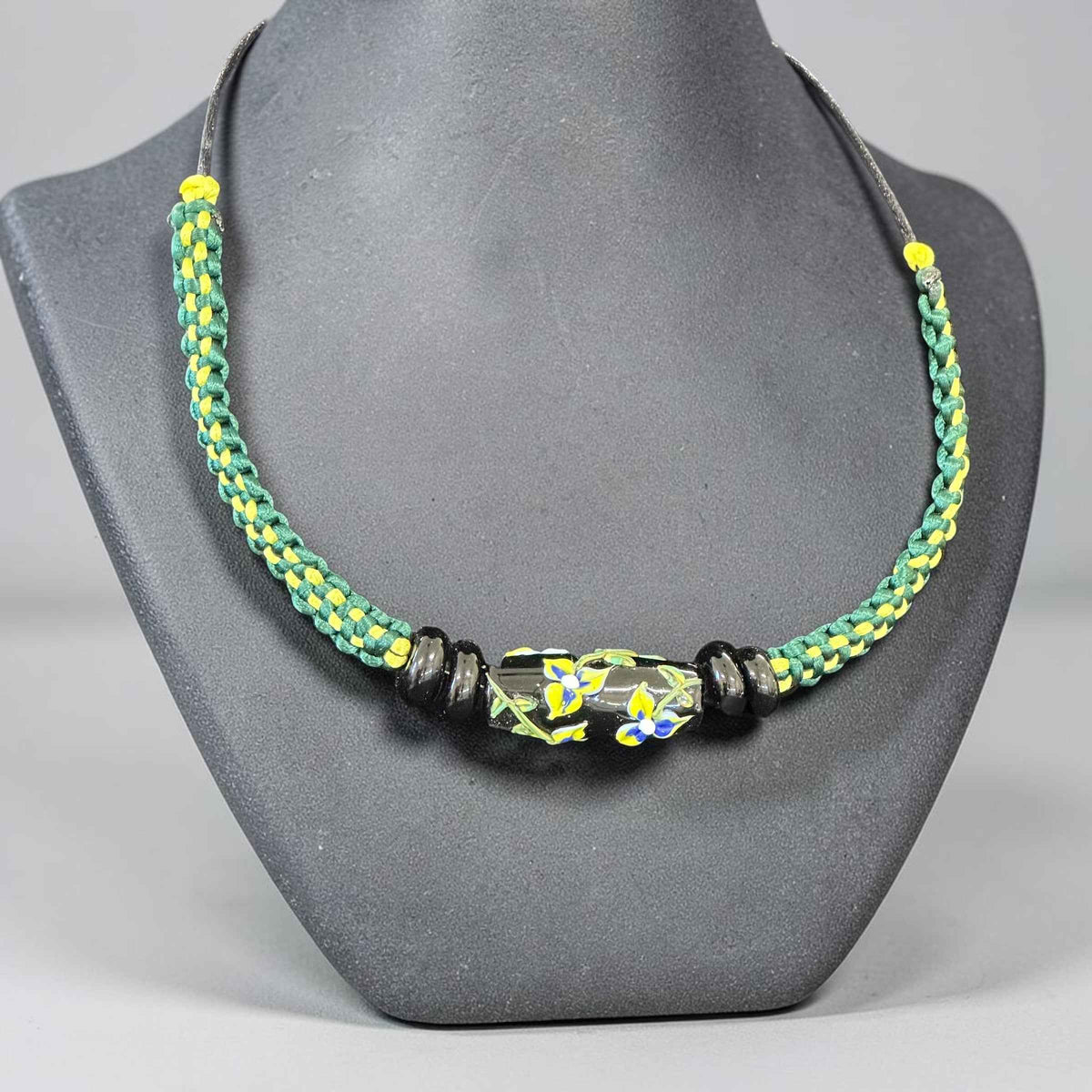 Midnight Garden | Three-Bead Lampwork Glass Necklace on Black Braided Cord