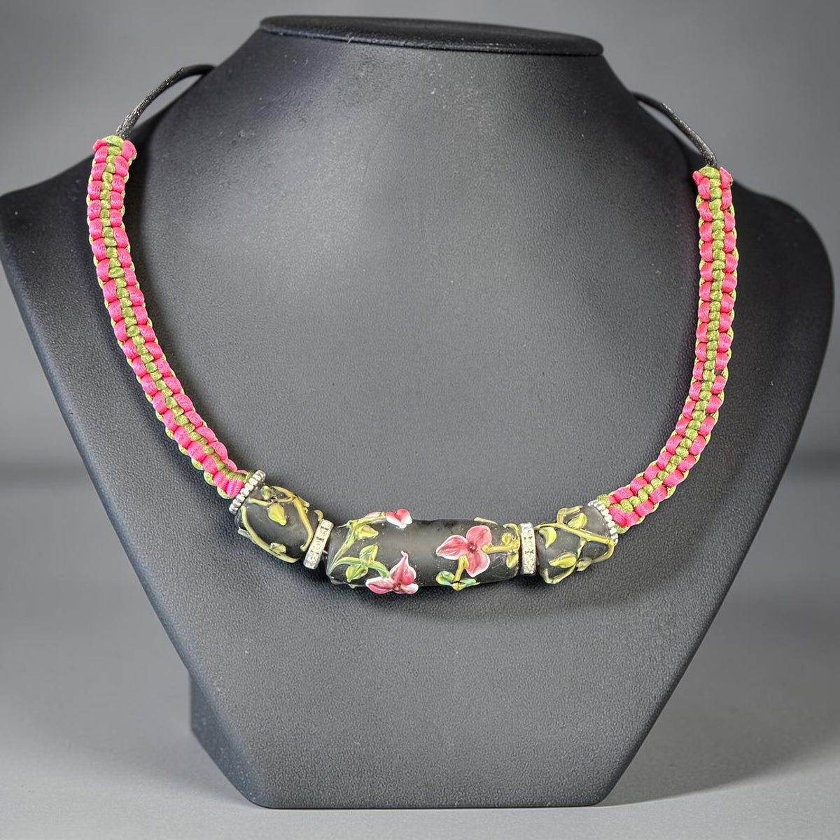 Raspberry Vine | Three-Bead Lampwork Glass Flower Necklace on Pink & Olive Braided Cord