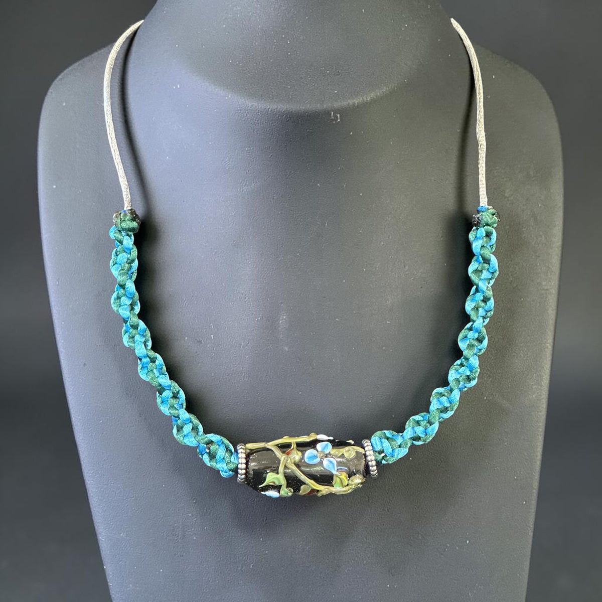 Tidewater | Lampwork Glass Flower Necklace on Teal & Geen Spiral Cord