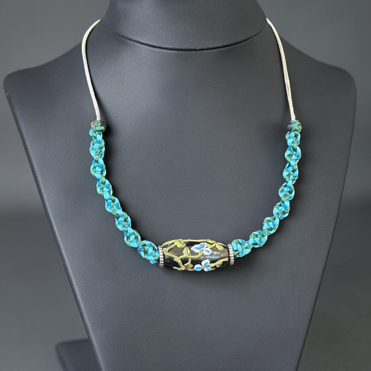 Tidewater | Lampwork Glass Flower Necklace on Teal & Geen Spiral Cord