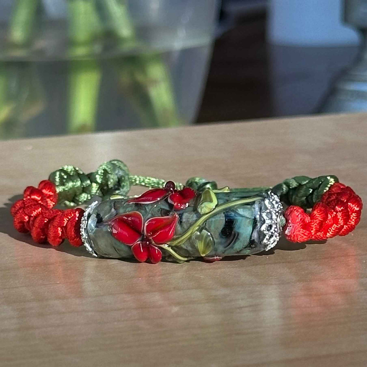Cardinal Vine | Lampwork Glass Flower Bracelet on Red & Olive Green Braided Cord