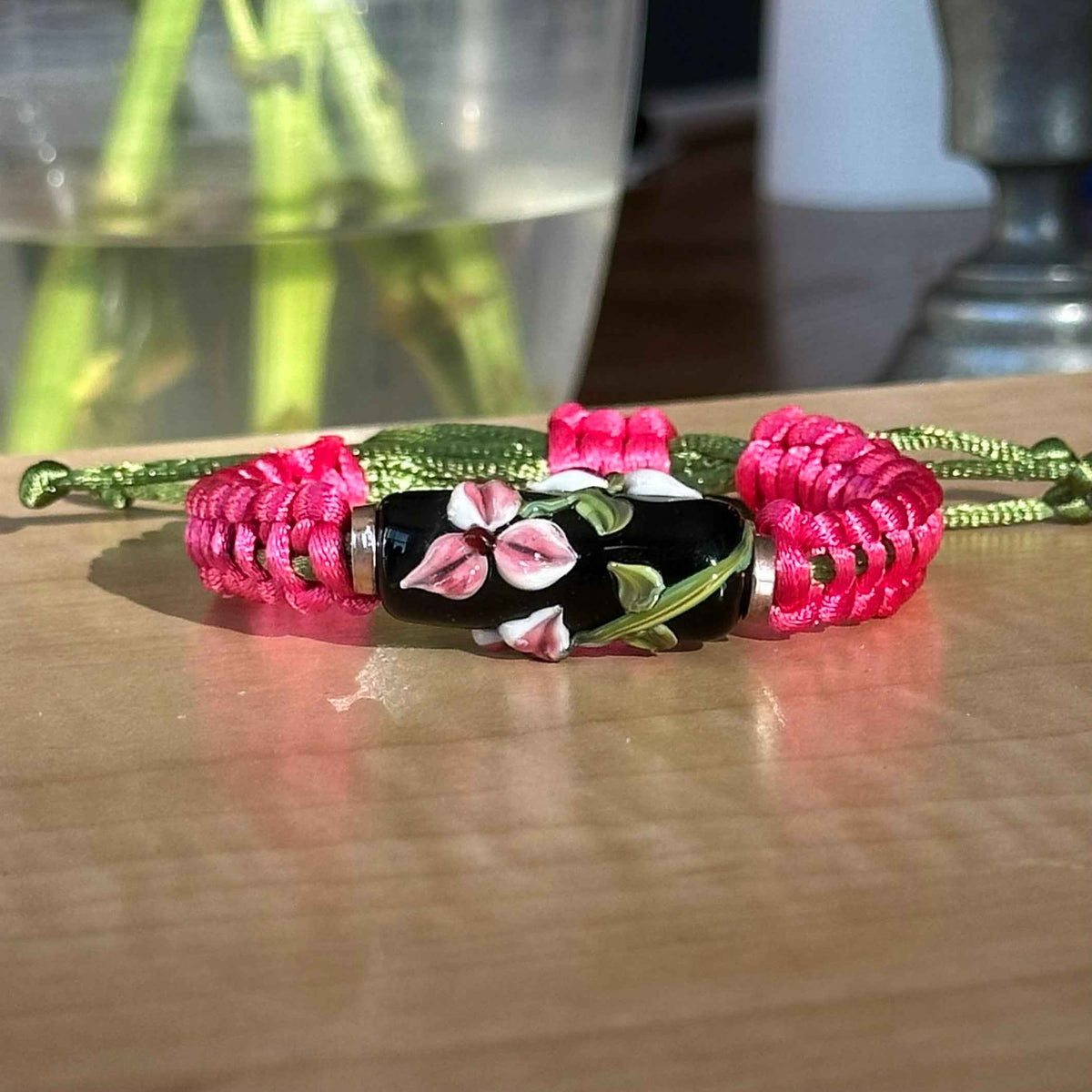 Fuchsia Noir | Lampwork Glass Flower Bracelet on Hot Pink & Olive Braided Cord