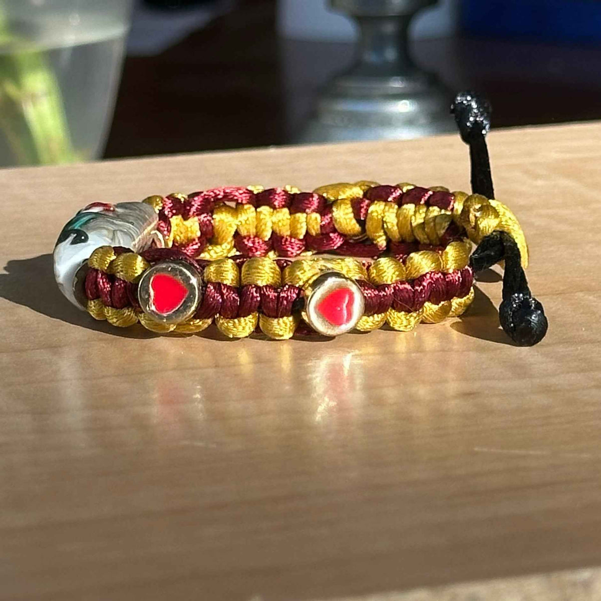 Saffron Garnet | Lampwork Glass Flower Bracelet on Mustard Gold & Burgundy Braided Cord