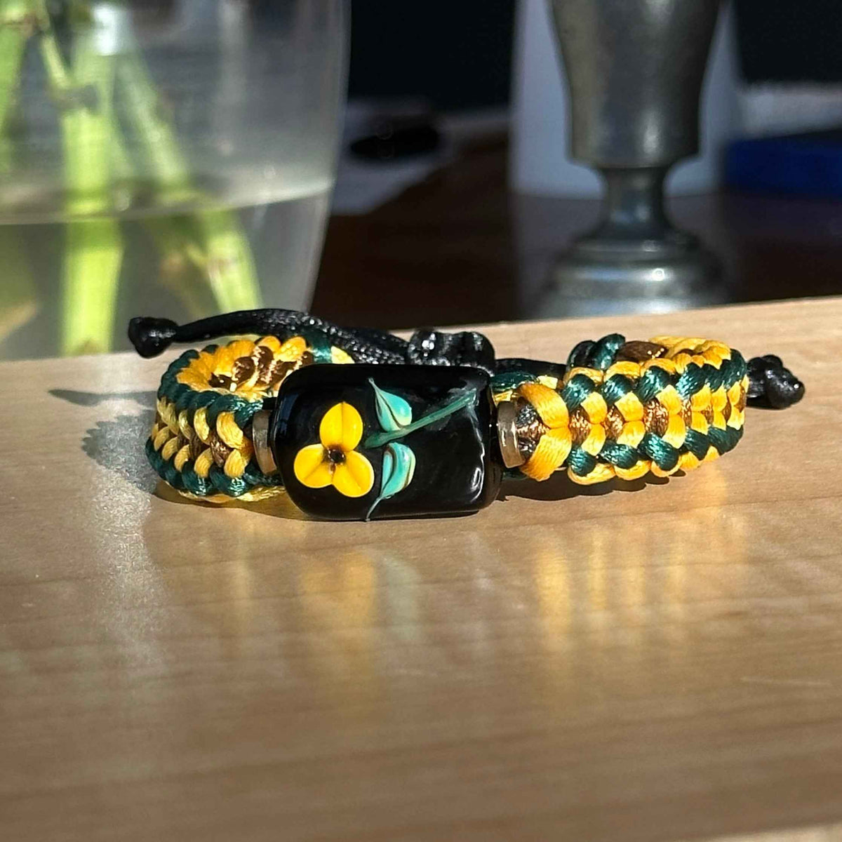 Black-Eyed Susan | Lampwork Glass Flower Bracelet on Golden Yellow, Green & Brown Braided Cord