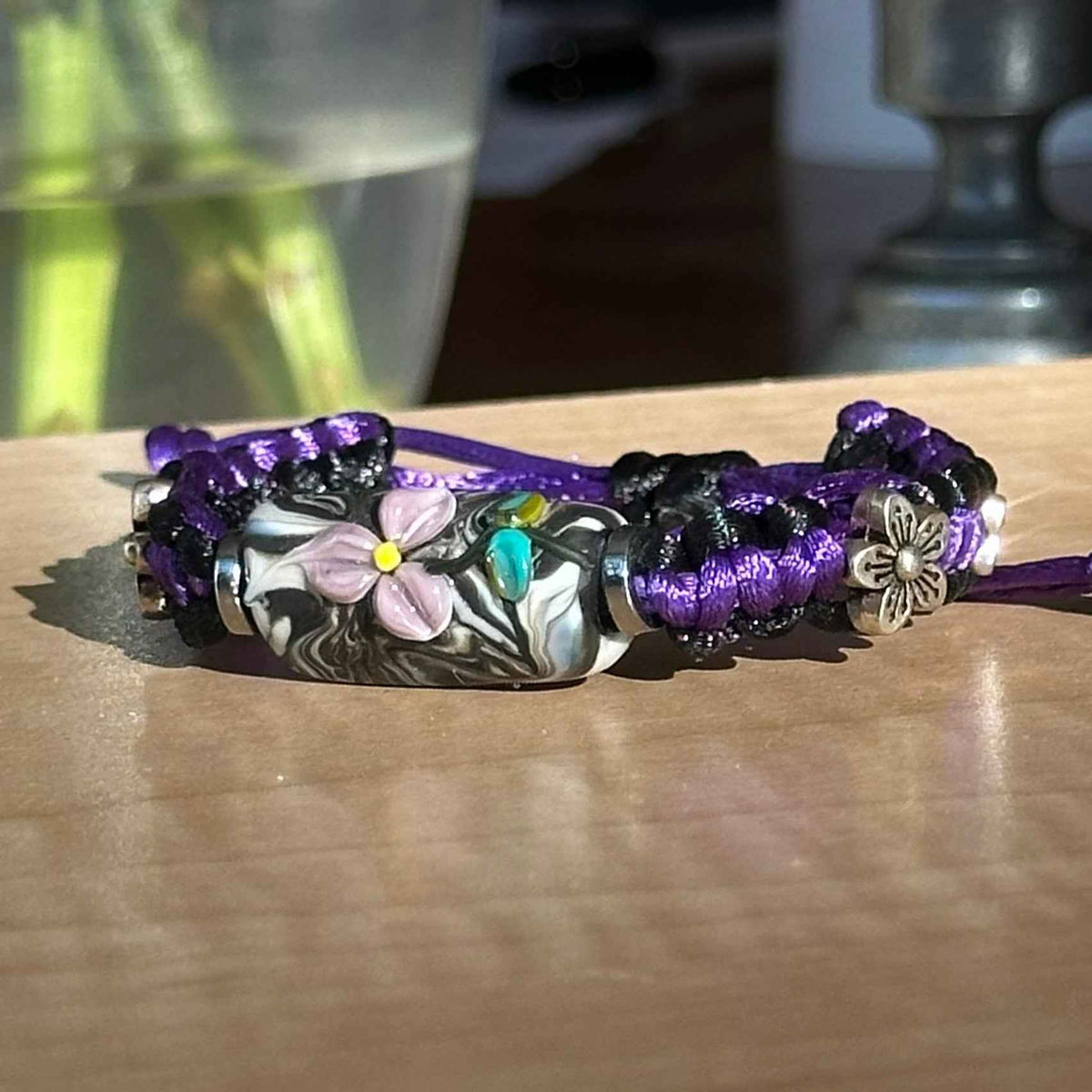 Lilac Smoke | Lampwork Glass Flower Bracelet with Flower Charm on Purple & Black Braided Cord