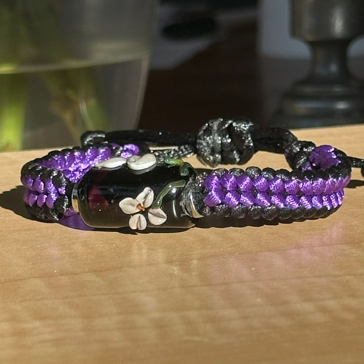 Violet Nightshade | Lampwork Glass Flower Bracelet on Purple & Black Braided Cord