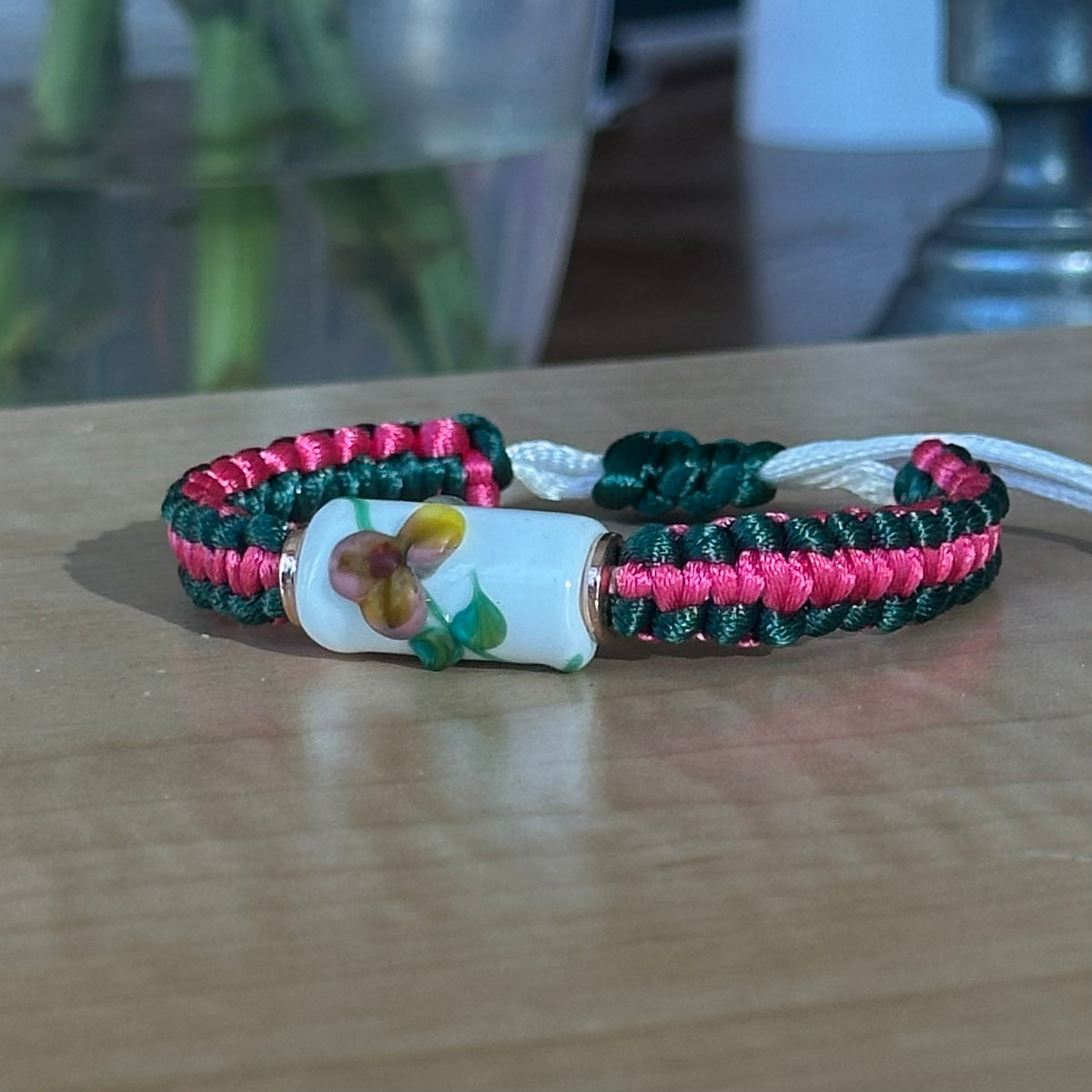 Watermelon Pansy | Lampwork Glass Flower Bracelet on Hot Pink & Forest Green Braided Cord