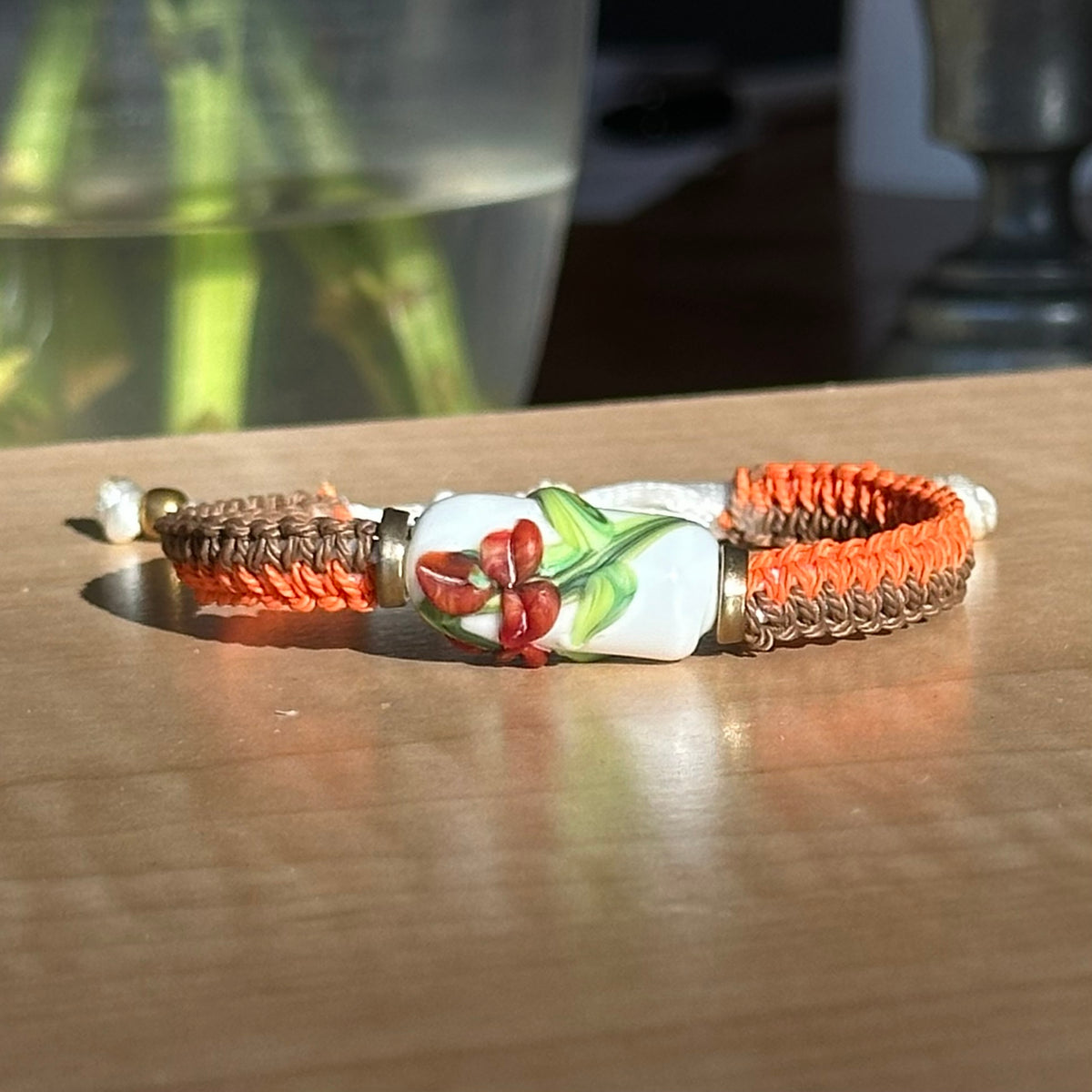 Russet Ivy | Lampwork Glass Flower Bracelet on Orange & Brown Woven Cotton Cord