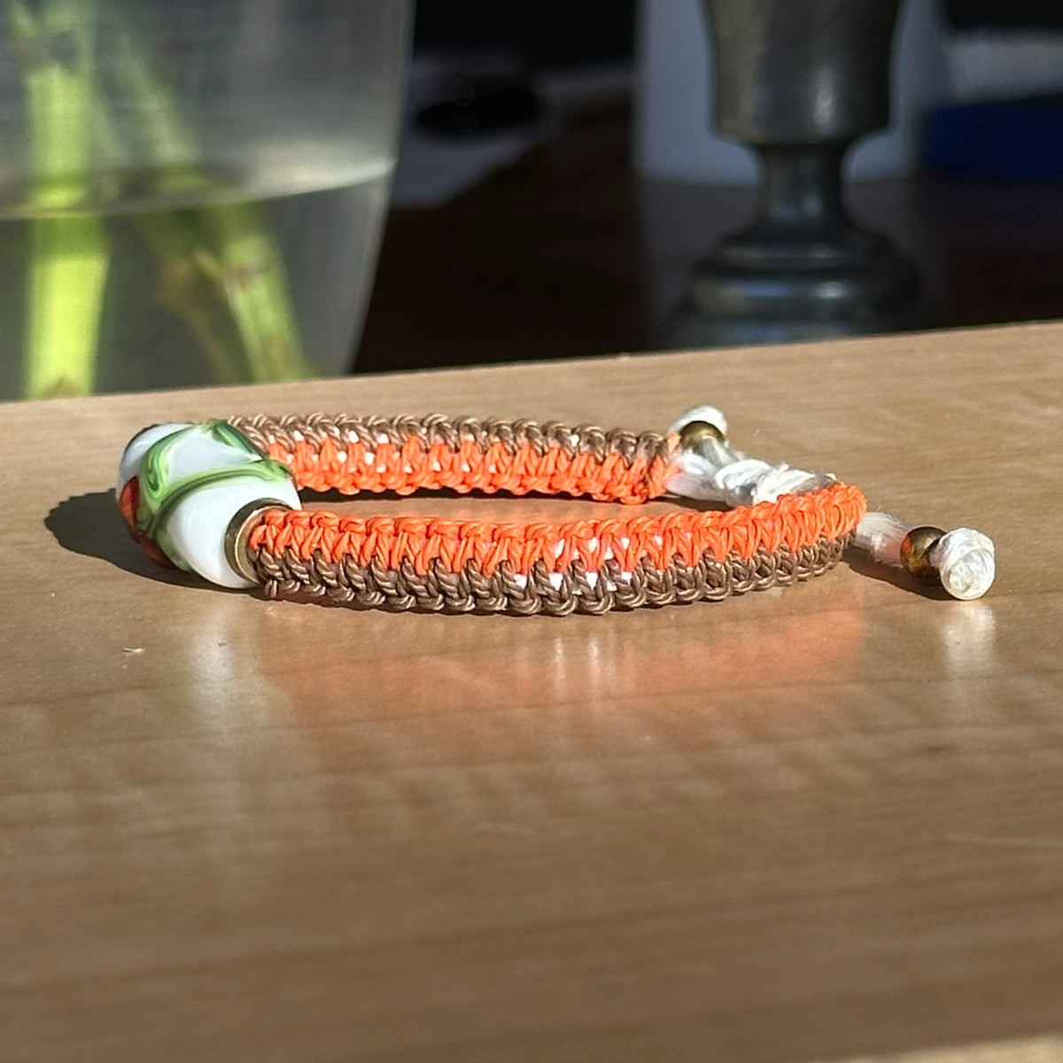 Russet Ivy | Lampwork Glass Flower Bracelet on Orange & Brown Woven Cotton Cord