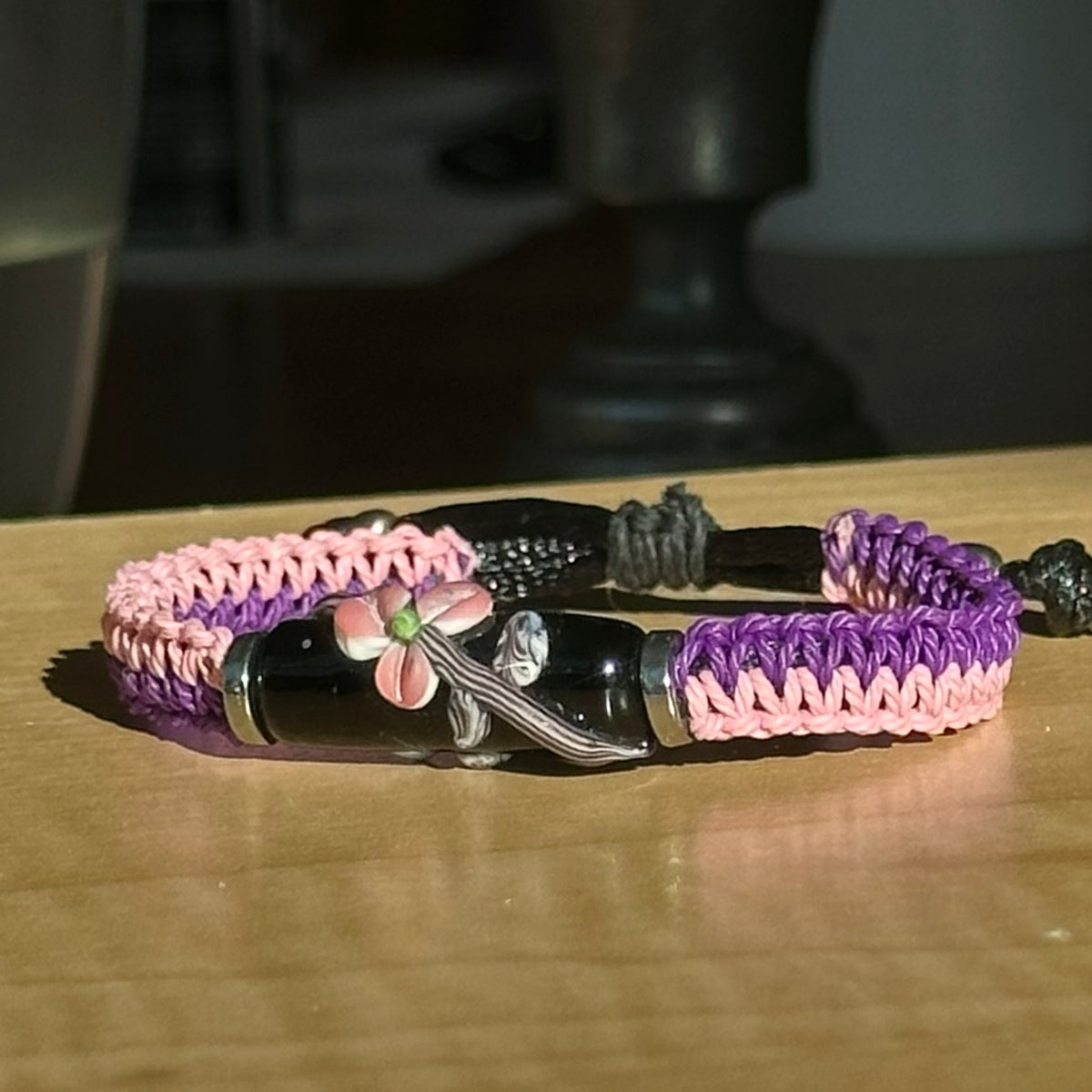 Sweetpea Dusk | Lampwork Glass Flower Bracelet on Pink & Purple Woven Cotton Cord