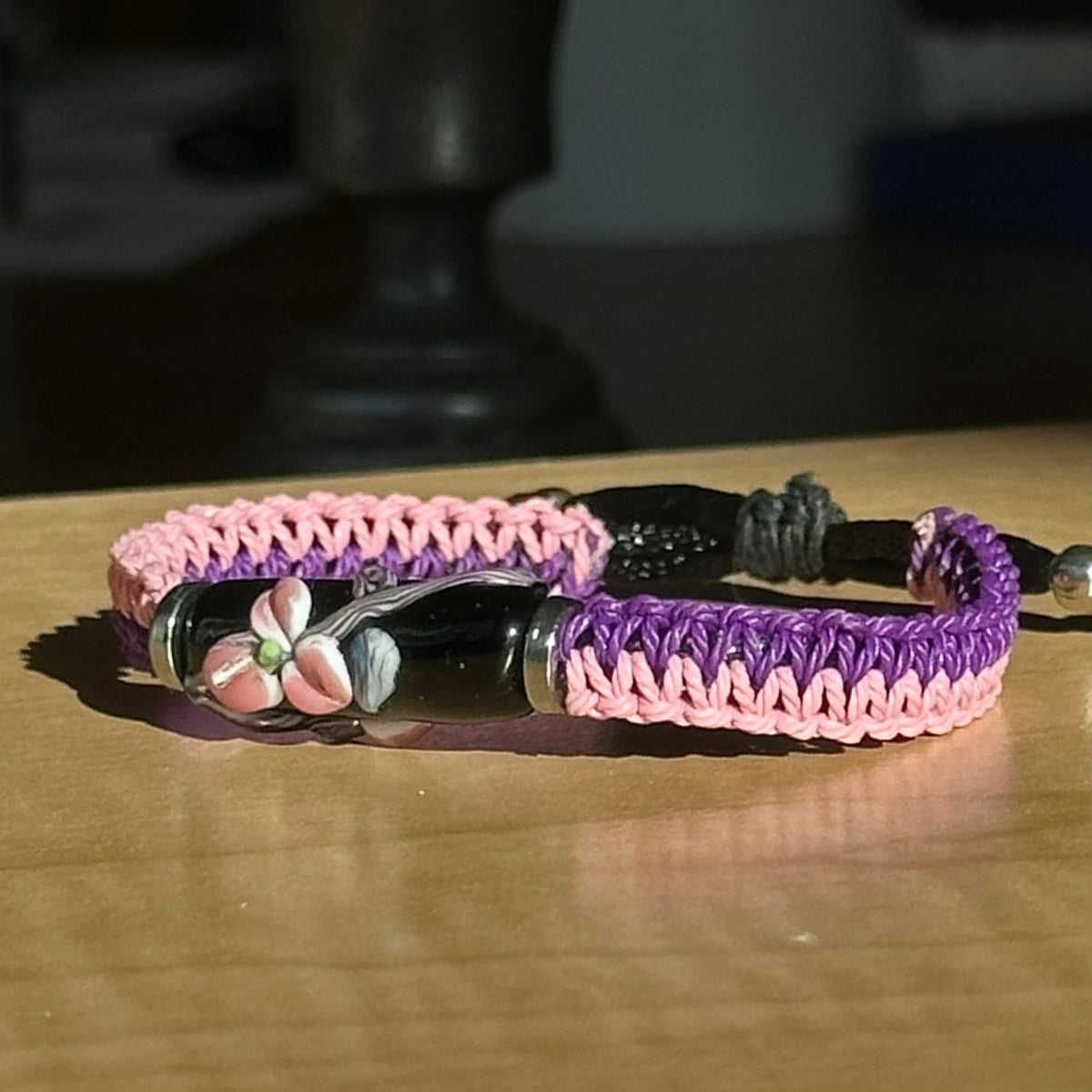 Sweetpea Dusk | Lampwork Glass Flower Bracelet on Pink & Purple Woven Cotton Cord