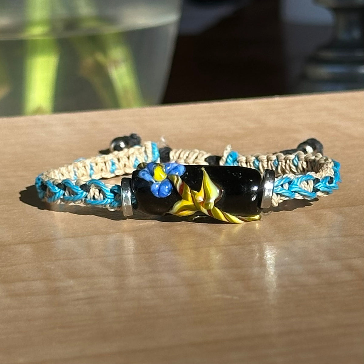 Dune Cornflower | Lampwork Glass Flower Bracelet on Sand & Sky Blue Woven Cotton Cord