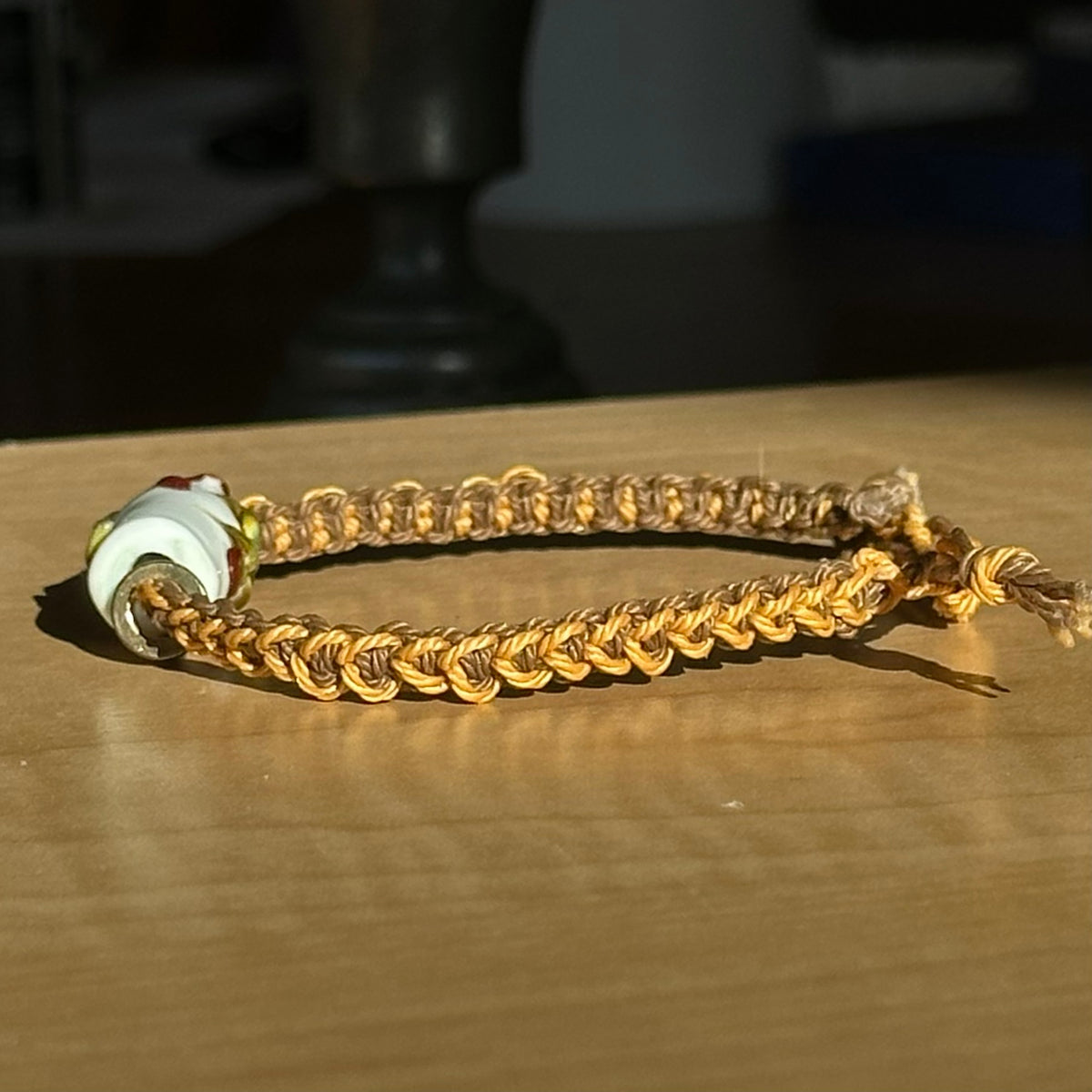 Harvest Bramble | Lampwork Glass Flower Bracelet on Mustard & Tan Woven Cotton Cord
