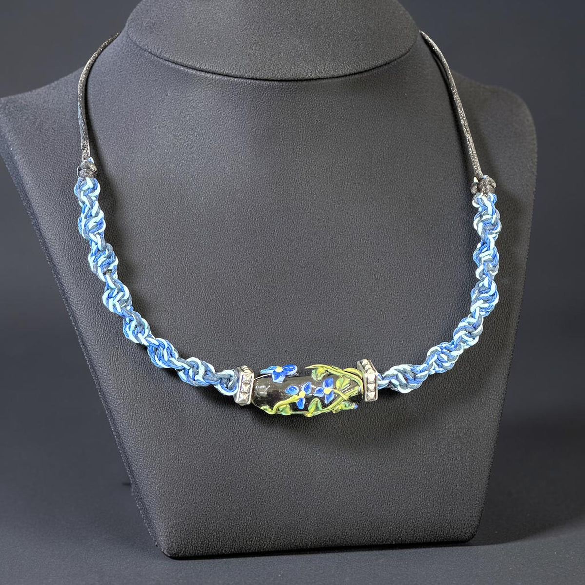 Cornflower | Lampwork Glass Flower Necklace on Blue Spiral Cord