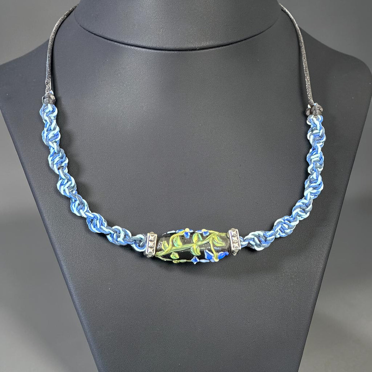 Cornflower | Lampwork Glass Flower Necklace on Blue Spiral Cord