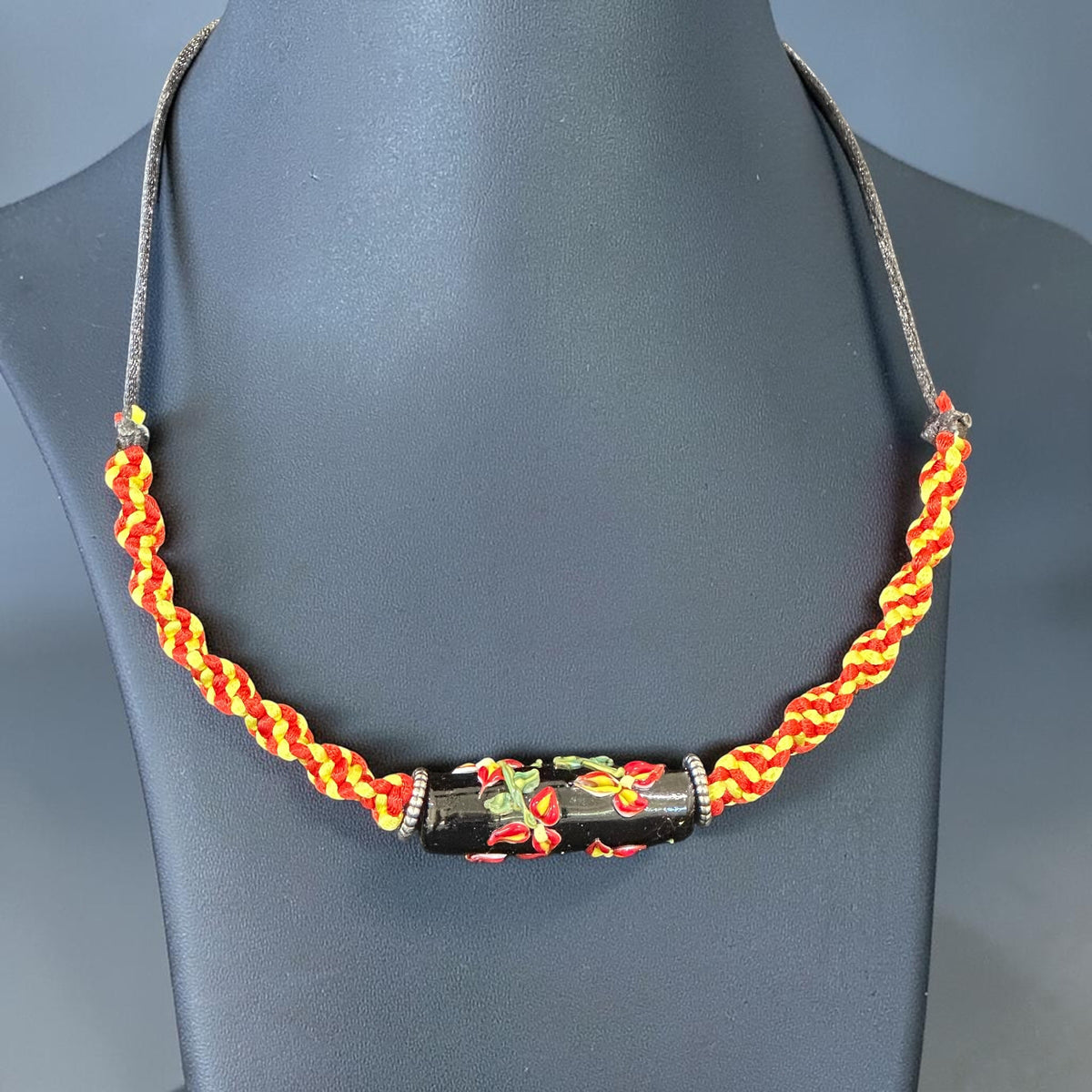 Ember Bloom | Lampwork Glass Flower Necklace on Red & Gold Spiral Cord