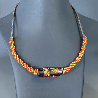 Ember Bloom | Lampwork Glass Flower Necklace on Red & Gold Spiral Cord