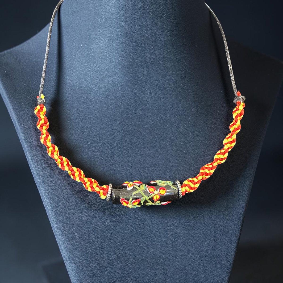 Ember Bloom | Lampwork Glass Flower Necklace on Red & Gold Spiral Cord