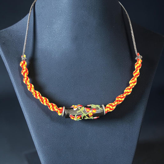 Ember Bloom | Lampwork Glass Flower Necklace on Red & Gold Spiral Cord