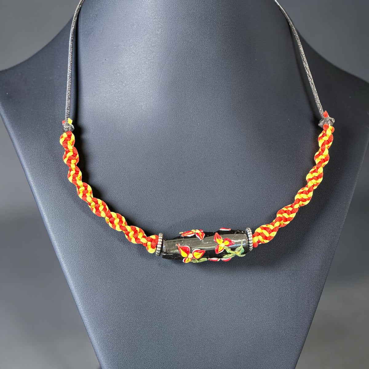 Ember Bloom | Lampwork Glass Flower Necklace on Red & Gold Spiral Cord