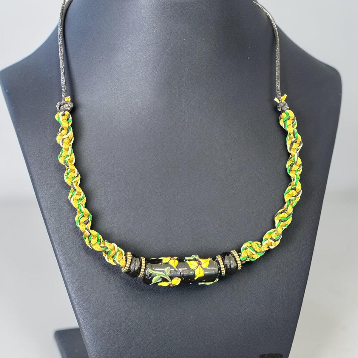 Goldfinch | Lampwork Glass Flower Necklace on Gold & Green Spiral Cord