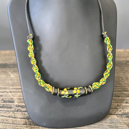 Goldfinch | Lampwork Glass Flower Necklace on Gold & Green Spiral Cord