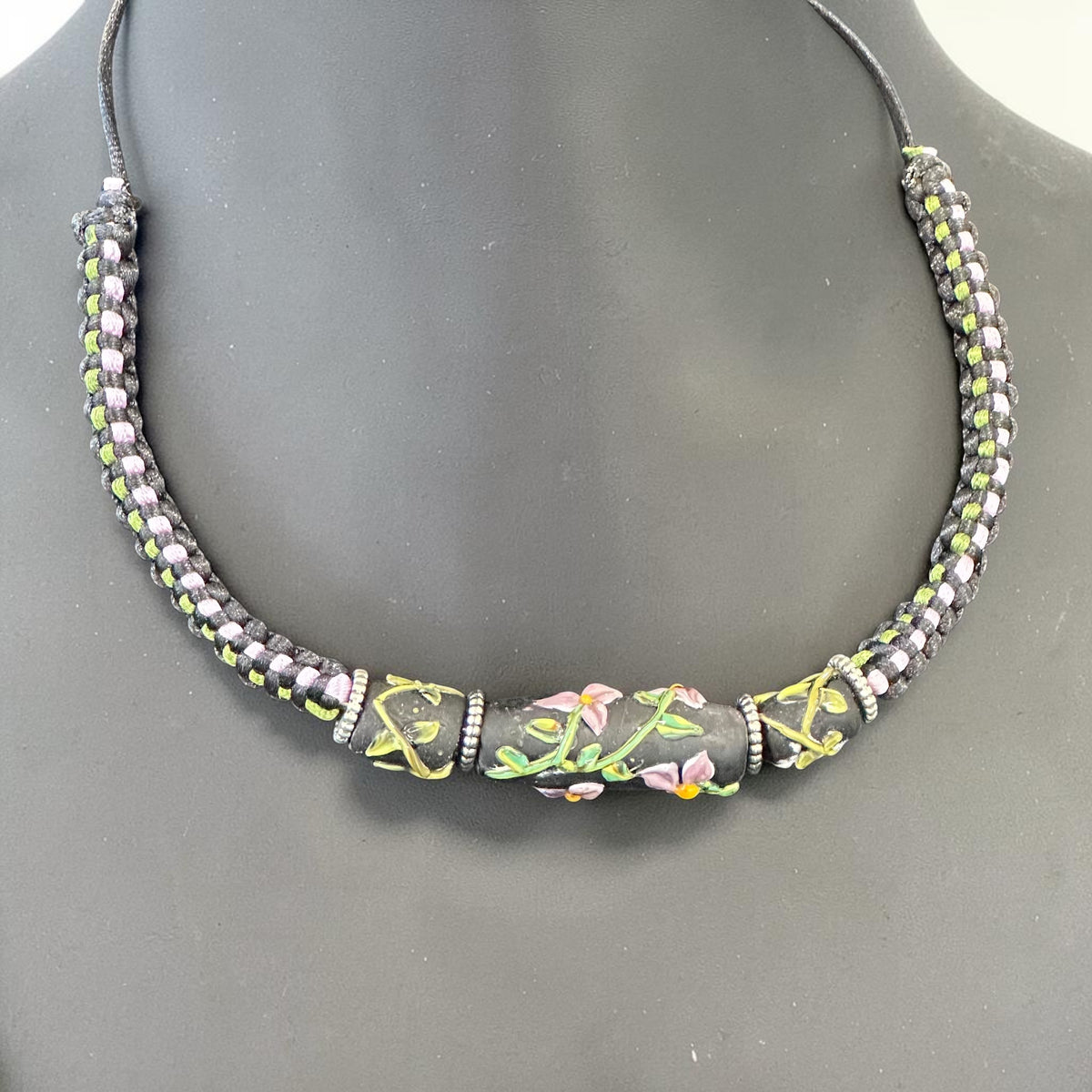 Hoarfrost | Three-Bead Lampwork Glass Flower Necklace on Lavender Braided Cord