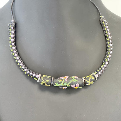 Hoarfrost | Three-Bead Lampwork Glass Flower Necklace on Lavender Braided Cord