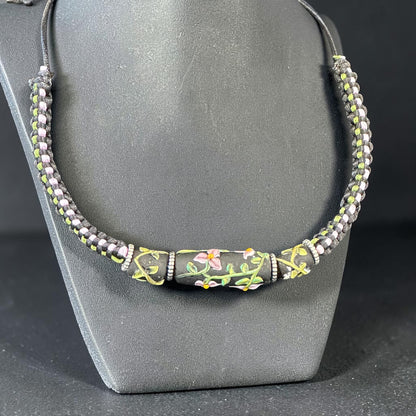 Hoarfrost | Three-Bead Lampwork Glass Flower Necklace on Lavender Braided Cord