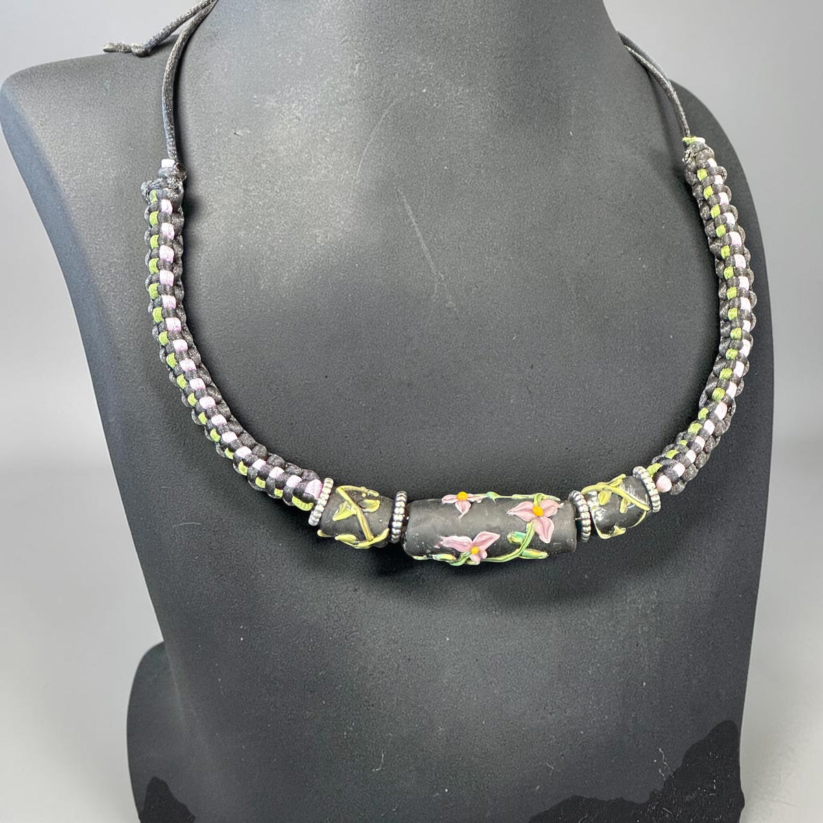 Hoarfrost | Three-Bead Lampwork Glass Flower Necklace on Lavender Braided Cord