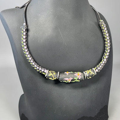 Hoarfrost | Three-Bead Lampwork Glass Flower Necklace on Lavender Braided Cord