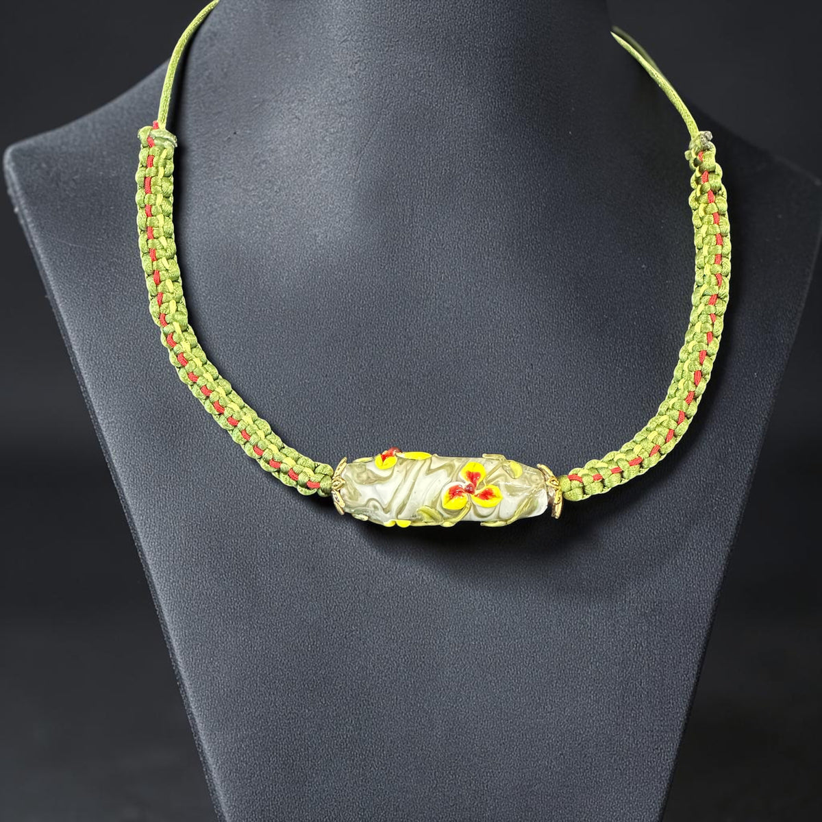 Lime Blossom | Lampwork Glass Flower Necklace on Olive Green Braided Cord