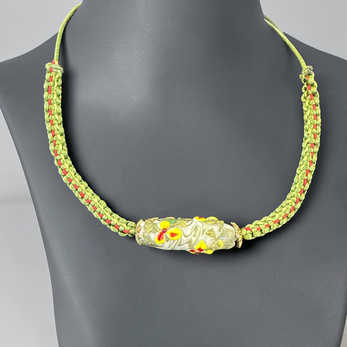 Lime Blossom | Lampwork Glass Flower Necklace on Olive Green Braided Cord
