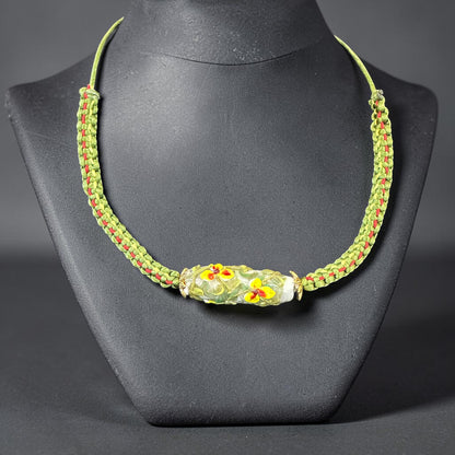Lime Blossom | Lampwork Glass Flower Necklace on Olive Green Braided Cord