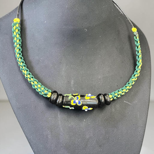 Midnight Garden | Three-Bead Lampwork Glass Necklace on Black Braided Cord