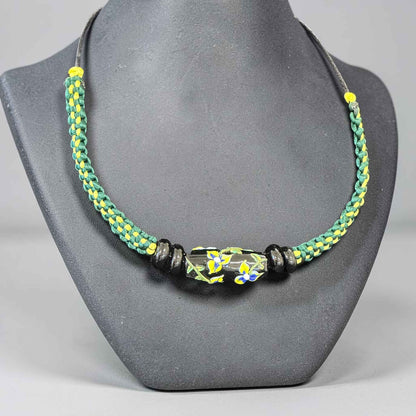 Midnight Garden | Three-Bead Lampwork Glass Necklace on Black Braided Cord