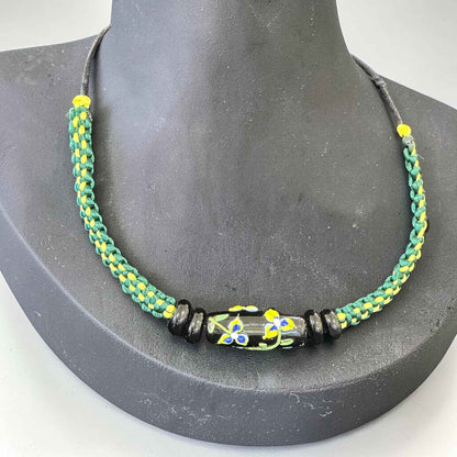 Midnight Garden | Three-Bead Lampwork Glass Necklace on Black Braided Cord