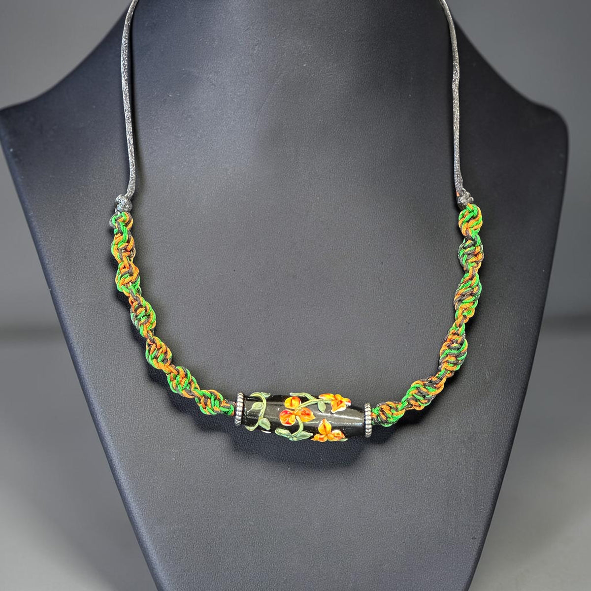 Nasturtium | Lampwork Glass Flower Necklace on Orange & Green Spiral Cord
