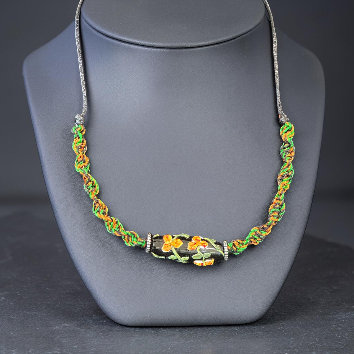 Nasturtium | Lampwork Glass Flower Necklace on Orange & Green Spiral Cord