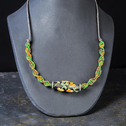 Nasturtium | Lampwork Glass Flower Necklace on Orange & Green Spiral Cord