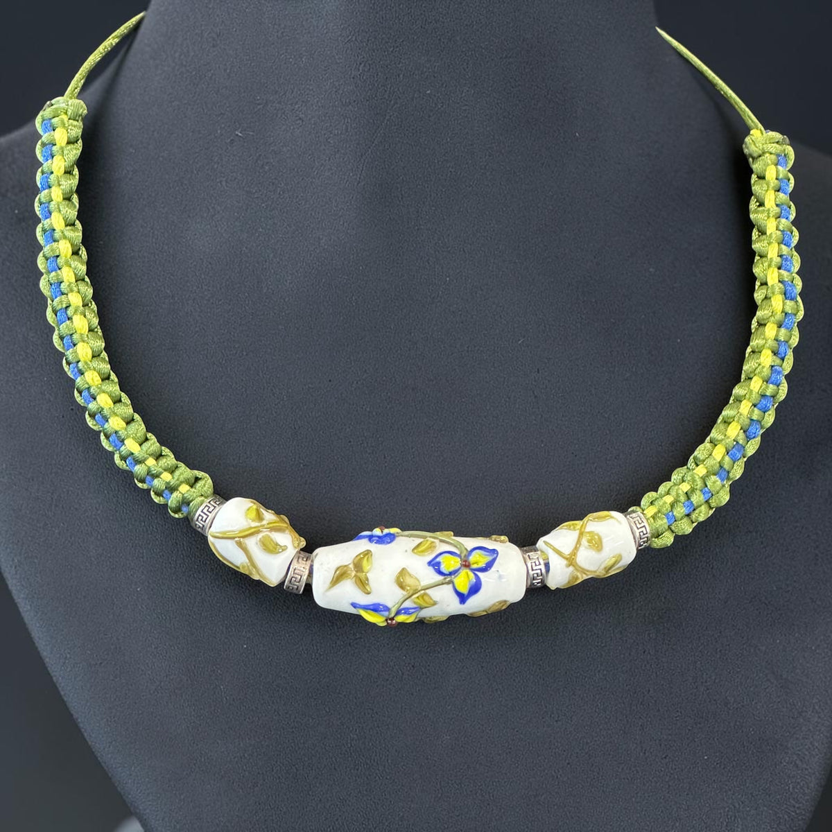Porcelain Iris | Three Bead Lampwork Glass Flower Necklace on Green Braided Cord