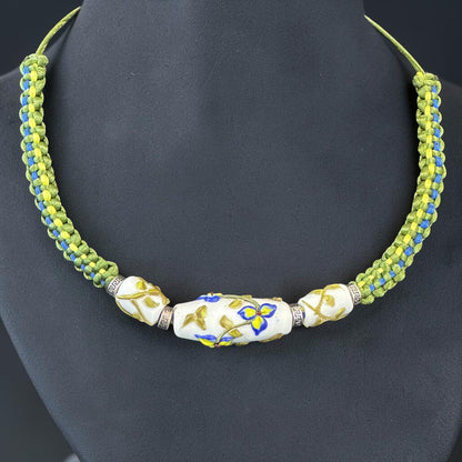 Porcelain Iris | Three Bead Lampwork Glass Flower Necklace on Green Braided Cord