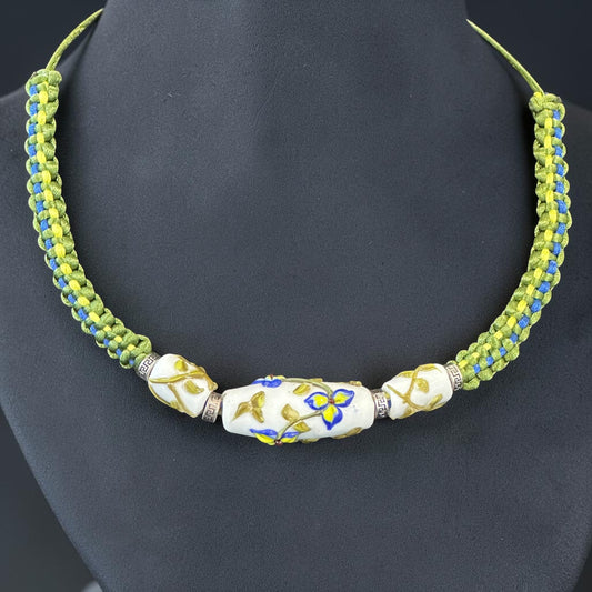 Porcelain Iris | Three Bead Lampwork Glass Flower Necklace on Green Braided Cord