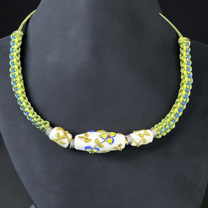Porcelain Iris | Three Bead Lampwork Glass Flower Necklace on Green Braided Cord