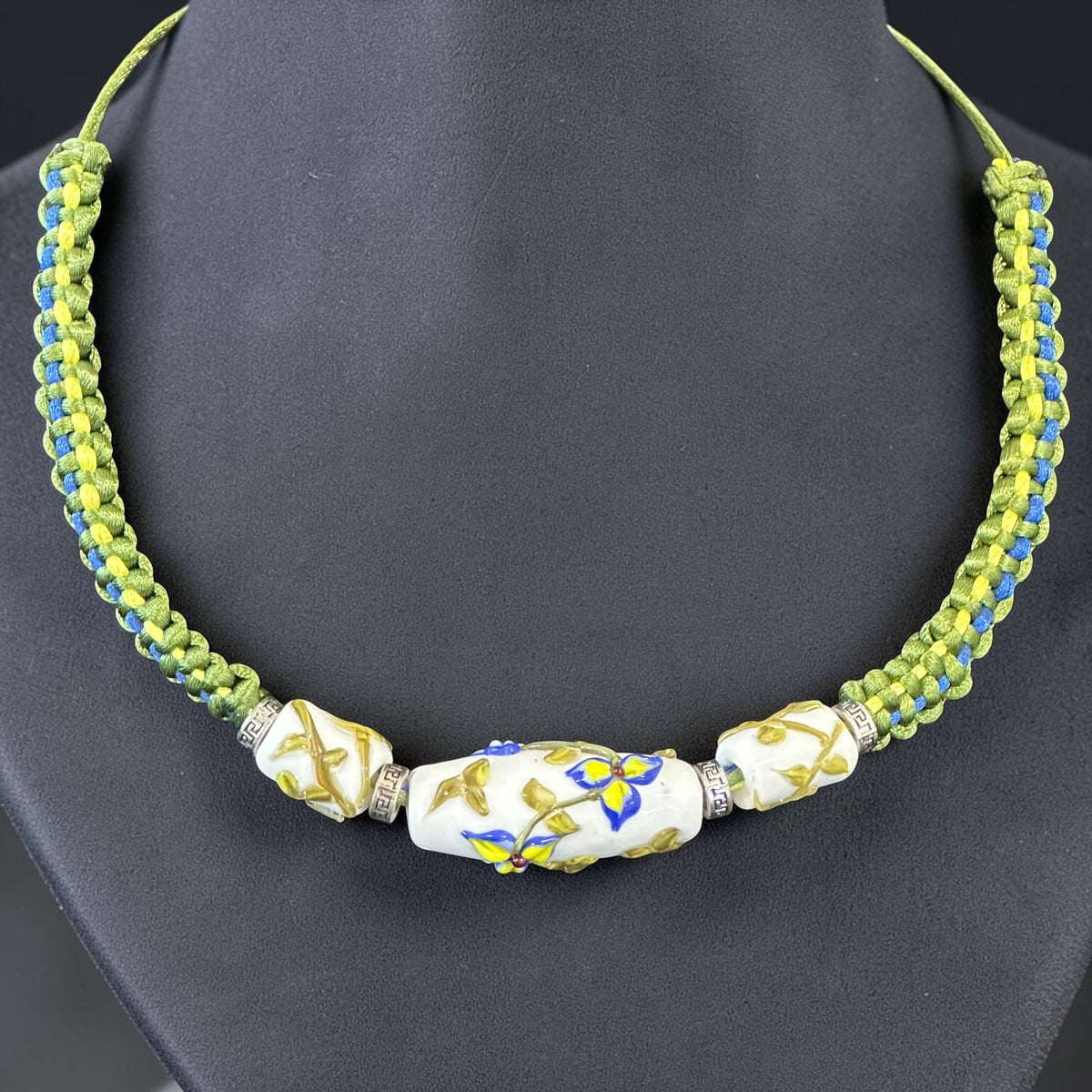 Porcelain Iris | Three Bead Lampwork Glass Flower Necklace on Green Braided Cord