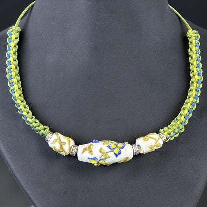 Porcelain Iris | Three Bead Lampwork Glass Flower Necklace on Green Braided Cord