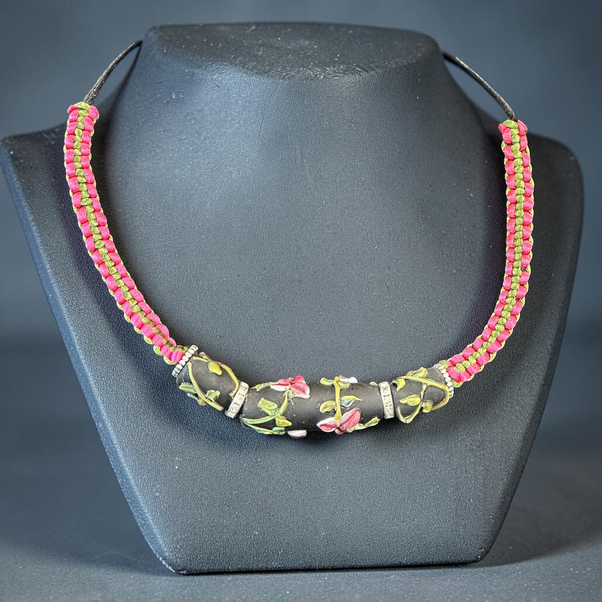 Raspberry Vine | Three-Bead Lampwork Glass Flower Necklace on Pink & Olive Braided Cord